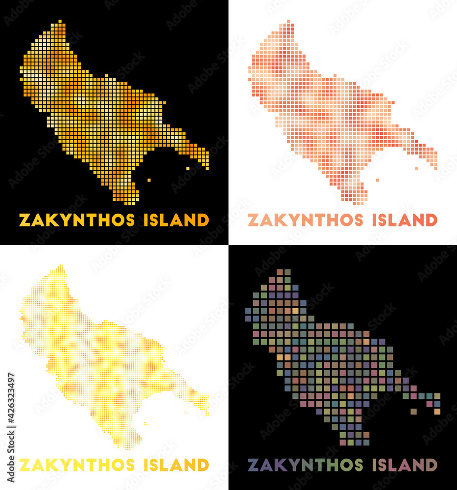 Poster zakynthos island map. collection of maps of zakynthos island in dotted style. borders of the island 