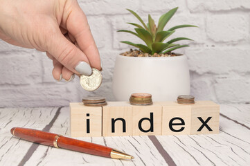 Index is a word written in wooden cubes. Office background with pen, coins, hand
