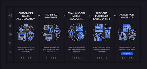 Smart content analytics criteria onboarding vector template. Responsive mobile website with icons. Web page walkthrough 5 step screens. Digital marketing dark mode concept with linear illustrations