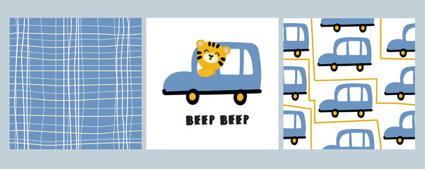 Tiger driving a car. A set of cute baby prints for boys. Seamless pattern cage stripes and cars