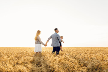 Happy family in wheat field at sunset having a great time together