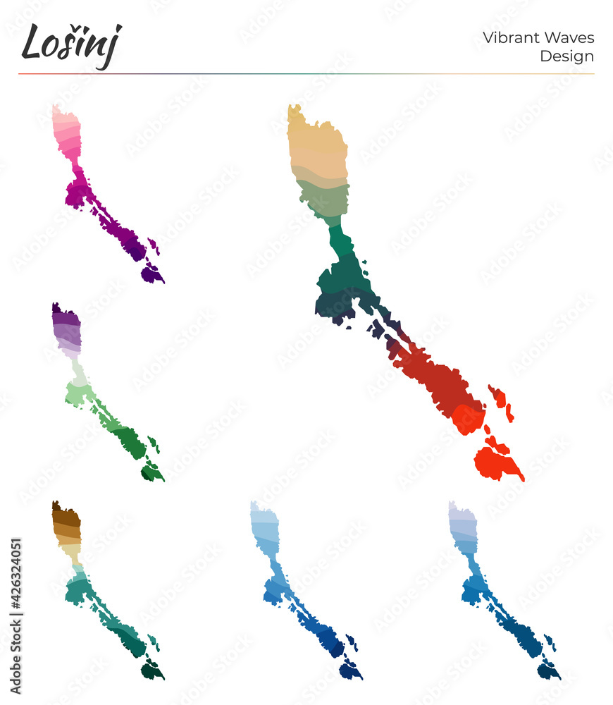 Poster set of vector maps of losinj. vibrant waves design. bright map of island in geometric smooth curves 
