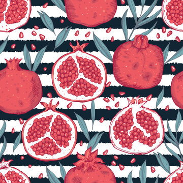 Vector hand drawn pomegranate fluit leaves and seeds on stripped seamless pattern print background.