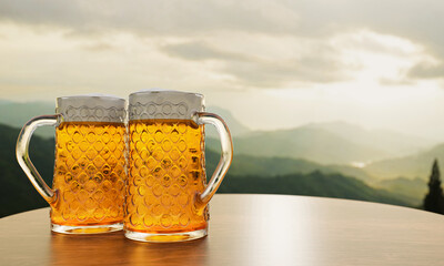 Draft or craft beer in clear glass with beer foam on top Put on set of wooden tables and chairs. Lounge seating on the wooden terrace with mountain background with god light or sunlight.3d rendering