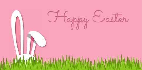 Easter banner with bunny ears and green grass. Cute pink background with rabbit. Paper cut style