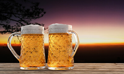 Clear beer glass with full cold beer and foam at the mouth of the glass And water droplets adhere to the edges. Plank or wood surface and with mountain scenery in the morning sun. 3D Rendering