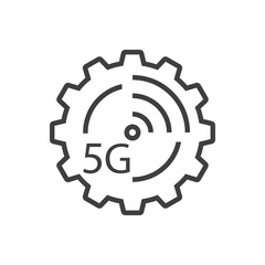 Logotipo de red inalámbrica o wifi de alta velocidad. Engranaje con texto 5G con olas con lineas de color gris
