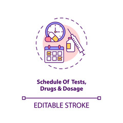 Tests, drugs and dosage schedule concept icon. Clinical trial protocol idea thin line illustration. Efficacy and side effects assessment. Vector isolated outline RGB color drawing. Editable stroke
