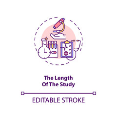 Study length concept icon. Clinical trial protocol idea thin line illustration. Research duration planning. Potential drugs measurement. Vector isolated outline RGB color drawing. Editable stroke