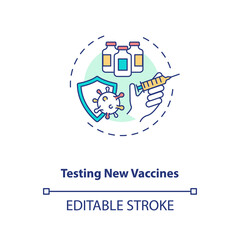 Fototapeta premium Testing new vaccines concept icon. Clinical trials type idea thin line illustration. Vaccine development. Looking for potential side effects. Vector isolated outline RGB color drawing. Editable stroke