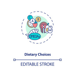 Dietary choices concept icon. Clinical trials type idea thin line illustration. Dietary intervention assessment. Testing vitamins, minerals. Vector isolated outline RGB color drawing. Editable stroke
