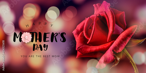 Happy Mother's day greeting card. Happy Mother's day text on red rose and bokeh light background
