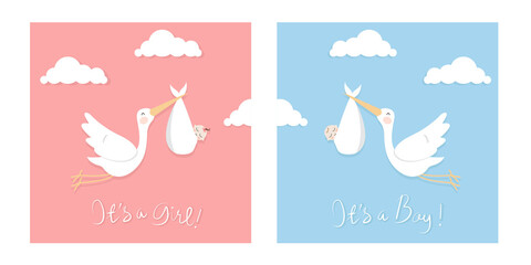 Flat illustration of The Storks carrying baby. Good to use for baby shower card or nursery wall art.