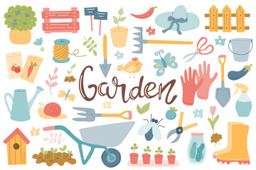 A big set on the theme of gardening, tools, garden items, hand lettering. Spring, growing vegetables. Vector illustration in a flat style on a white background