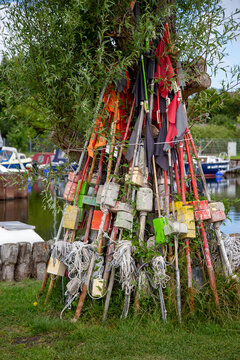 Poles and flags for marking fish traps lean against a tree in the harbour of Zempin on the island of Usedom.