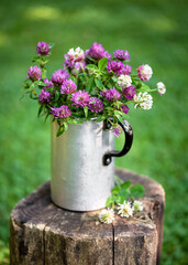 Beautiful bouquet of wildflowers in the old aluminium cup. Rustic still life with pink and white clover flowers. Natural still life. Selective soft focus.