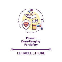 Dose-ranging for safety concept icon. Clinical trials phase 1 idea thin line illustration. Placebo and dose groups. First-in-person trial. Vector isolated outline RGB color drawing. Editable stroke