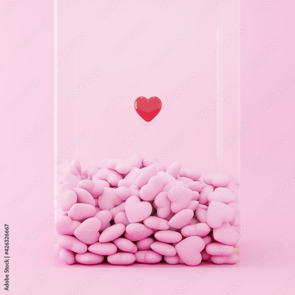 Poster red heart shape floating on pink color heart shape overlap in glass box on pink background. minimal 