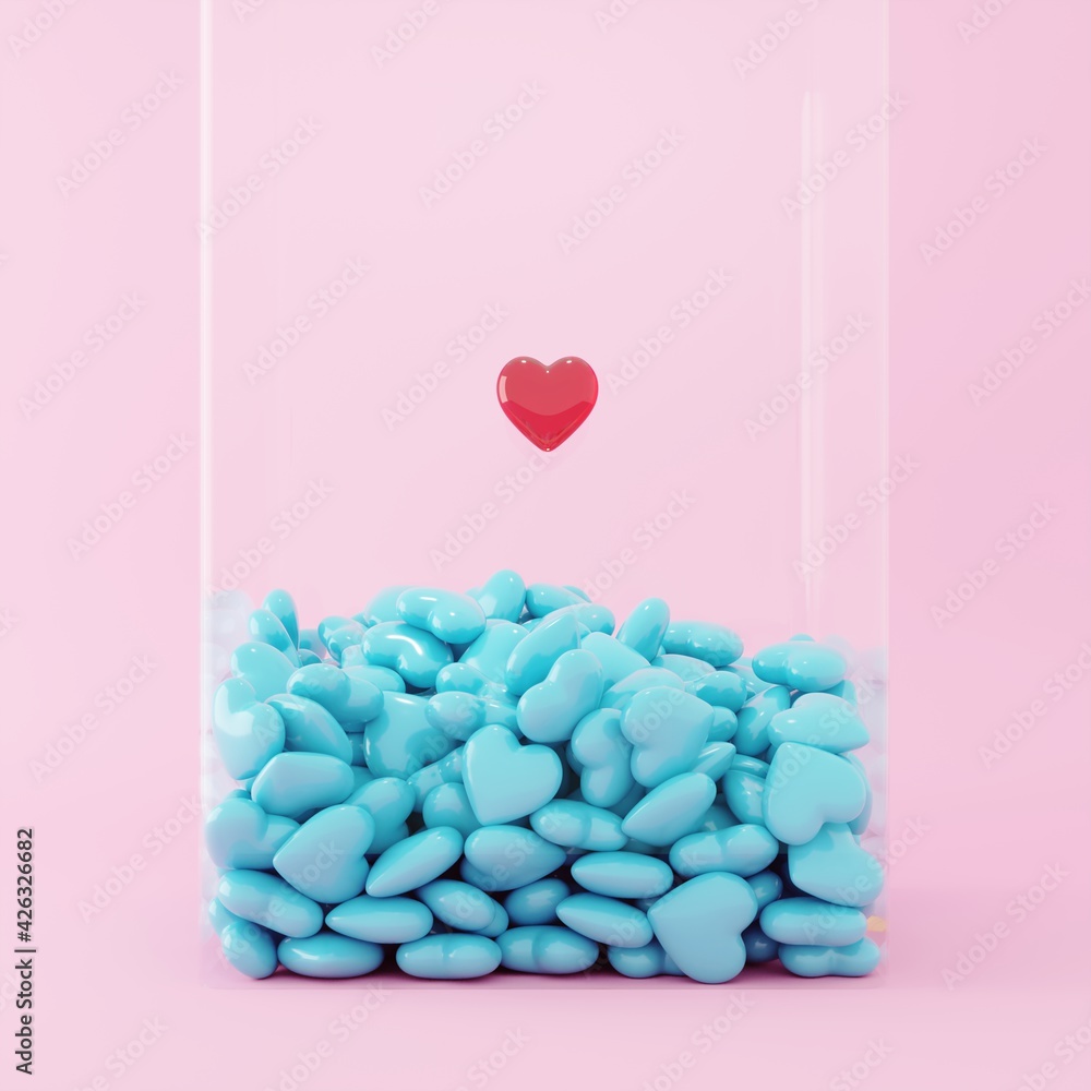 Poster red heart shape floating on pink color heart shape overlap in glass box on pink background. minimal 