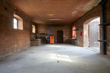 Old workshop interior with brick walls, nobody