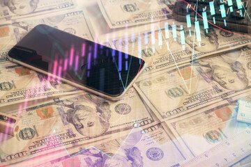 Double exposure of forex graph drawing over us dollars bill background. Concept of financial markets.