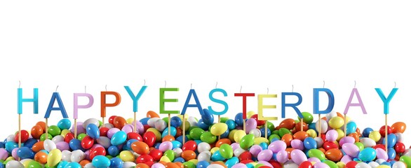 Colorful "Happy Easter Day" word made with candle overlap colorful egg celebration for Easter day event on white background for copy space. 3D Render. Minimal idea concept.
