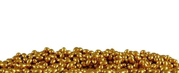 Obraz premium Golden Eggs overlap celebration for Easter day event on white background for copy space. 3D Render. Minimal idea concept.