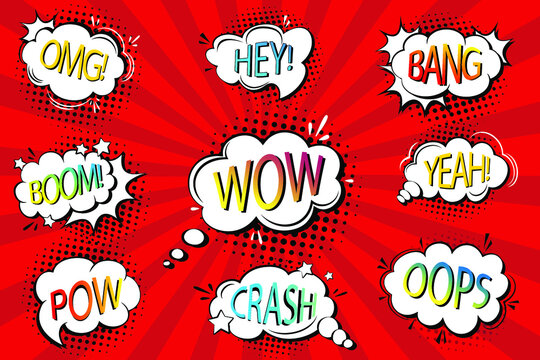Comic Bubbles Set. Expressions Boom,  Pow, Oops, Wow, Omg, Crash, Yeah. POP ART Background