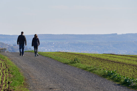Paar beim Spaziergang durch offene Herbstlandschaft über die Höhen über dem Rheintal