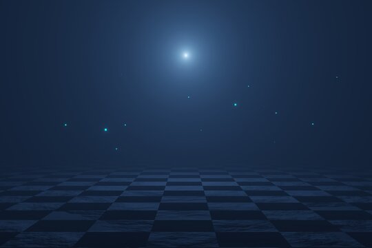 3D rendering. Black And White Checker floor Grunge Room. Checker floor empty space.