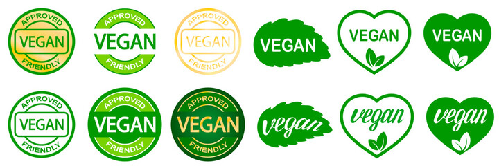 Set of vegan stamps. Plant based vegeterian food product label. Green round and heart-shaped stamp. Logo or icon.