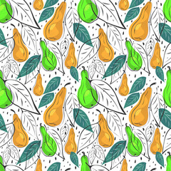 Pear fruit, leaves seamless pattern. Vector. Hand drawn ink brush sketching style, modern bright illustration in colors of lime green, tidewater, yellow