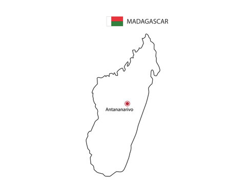 Hand draw thin black line vector of Madagascar Map with capital city Antananarivo on white background.