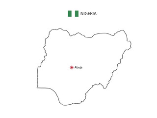 Hand draw thin black line vector of Nigeria Map with capital city Abuja on white background.