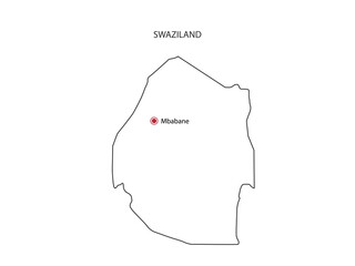 Hand draw thin black line vector of Swaziland Map with capital city Mbabane on white background.