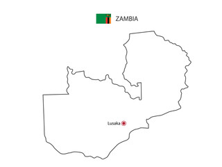 Fototapeta premium Hand draw thin black line vector of Zambia Map with capital city Lusaka on white background.