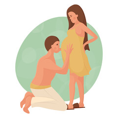 Young white couple in love waiting for the birth of a baby. The man is on his knees and kisses his pregnant wife on the stomach. Happy pregnancy and motherhood. Maternity leave for future parents.