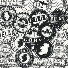 Cork, Ireland Pattern of Stamps. Travel Passport Stamps. Made In Product. Design Seals in Old Style Insignia Seamless. Icon Clip Art Vector Collection.