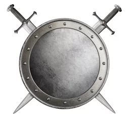 Fotobehang medieval round shield and crossed swords isolated 3d illustration © Andrey Kuzmin