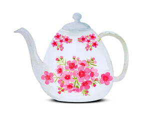 Vintage white teapot with pink wax flower painted, illustration watercolor