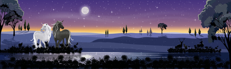 Panorama landscape in winter night with full moon, misty covered wavy mountains with Unicorn and reindeers family standing by the lake, beautiful landscape view for holiday background © Anchalee