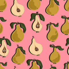 Pears with leaves, whole and chopped. Pear  seamless pattern. Background for wallpaper, fabric, paper, scrapbooking, menu and packaging