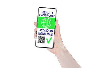 Digital health passport COVID 19 immunity on smartphone in hand white background isolated, coronavirus vaccination certificate mobile phone app, vaccinated people, international tourism, travel, green