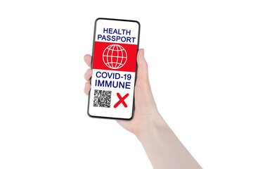Digital health passport, NO COVID 19 immunity smartphone hand white background isolated, coronavirus vaccination certificate mobile phone app, NOT vaccinated people, international tourism, travel, red
