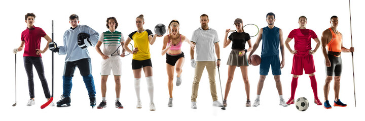 Fototapeta premium Collage of different professional sportsmen, fit people in action and motion isolated on white background. Flyer.