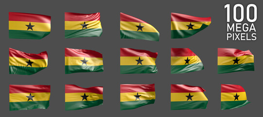 Ghana flag isolated - various images of the waving flag on grey background - object 3D illustration