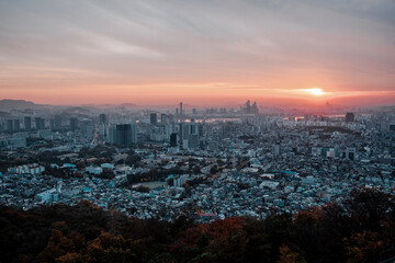 Sunset view Seoul city skyline, South Korea.