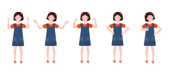 Teenage girl set with a different emotions and poses. Illustration in hand drawn style isolated on a white background. 