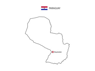 Hand draw thin black line vector of Paraguay Map with capital city Asuncion on white background.