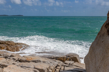 Fototapeta na wymiar Sea view and rock stone at Koh Samui island, Unseen and amazing Thailand.